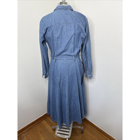 Vintage Denim Dress L 13/14 Western Midi Blue Jean Button Front Belt Cowgirl USA - Picture 4 of 8